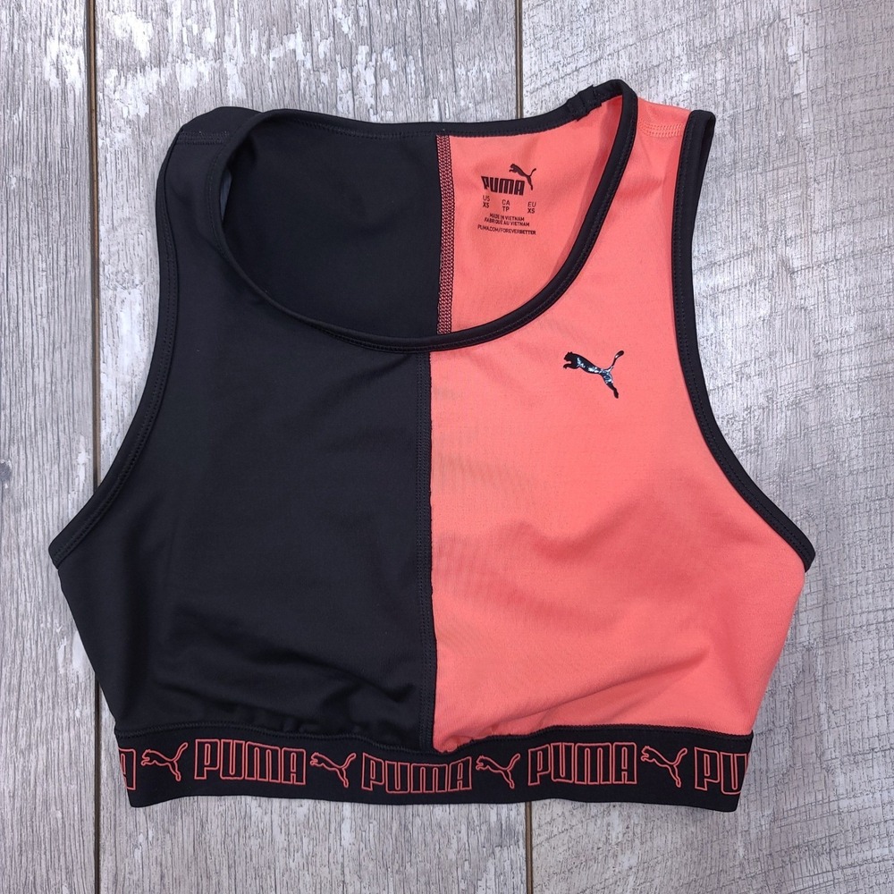 Puma Sports Bra Womens XS Black Coral Colorblock Cutout Logo Elastic Band